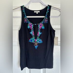 NWT Black Y2K Black Large Keyhole Front w Hand Beaded Flowers